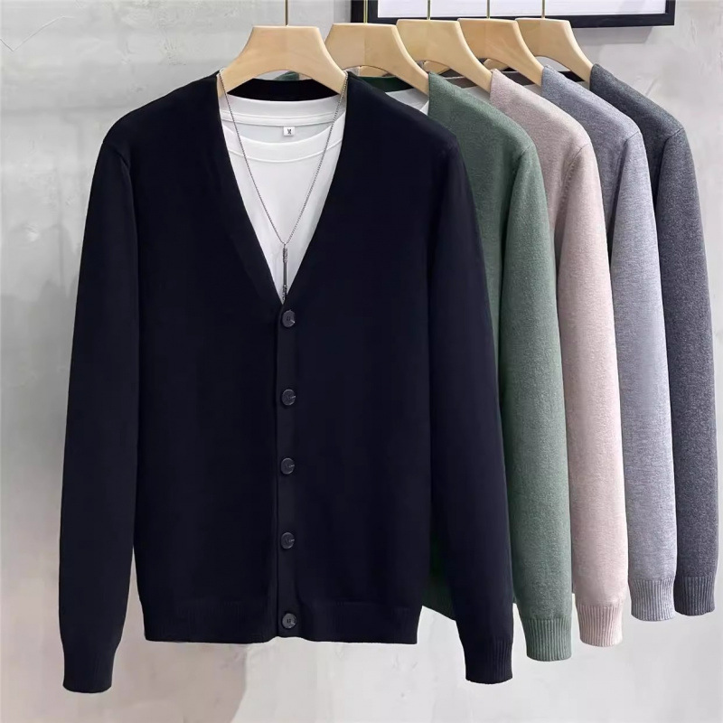 Men's Knitted Sweater Cardigan 2024 New V-neck Business Casual All-match Spring and Autumn Solid Color Sweater Jacket for Men