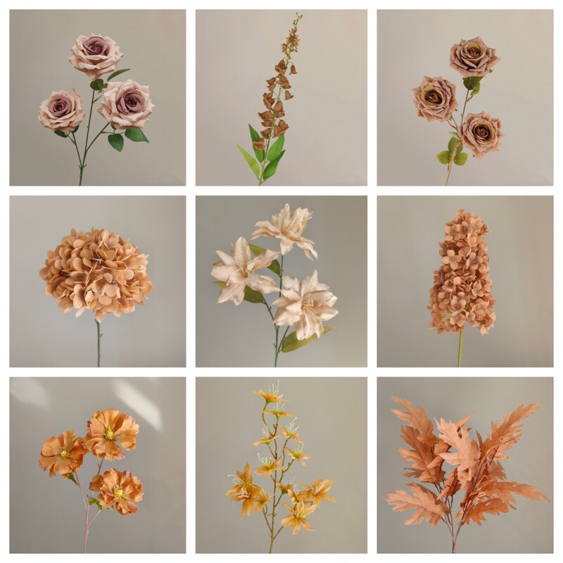 Brown artificial flower wedding flower rose lily hydrangea fake brown artificial flower factory wholesale