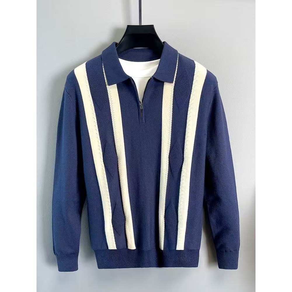 Men’s Half-zip Striped Knitted Polo Shirt Warm Autumn Winter Top_voghion.com