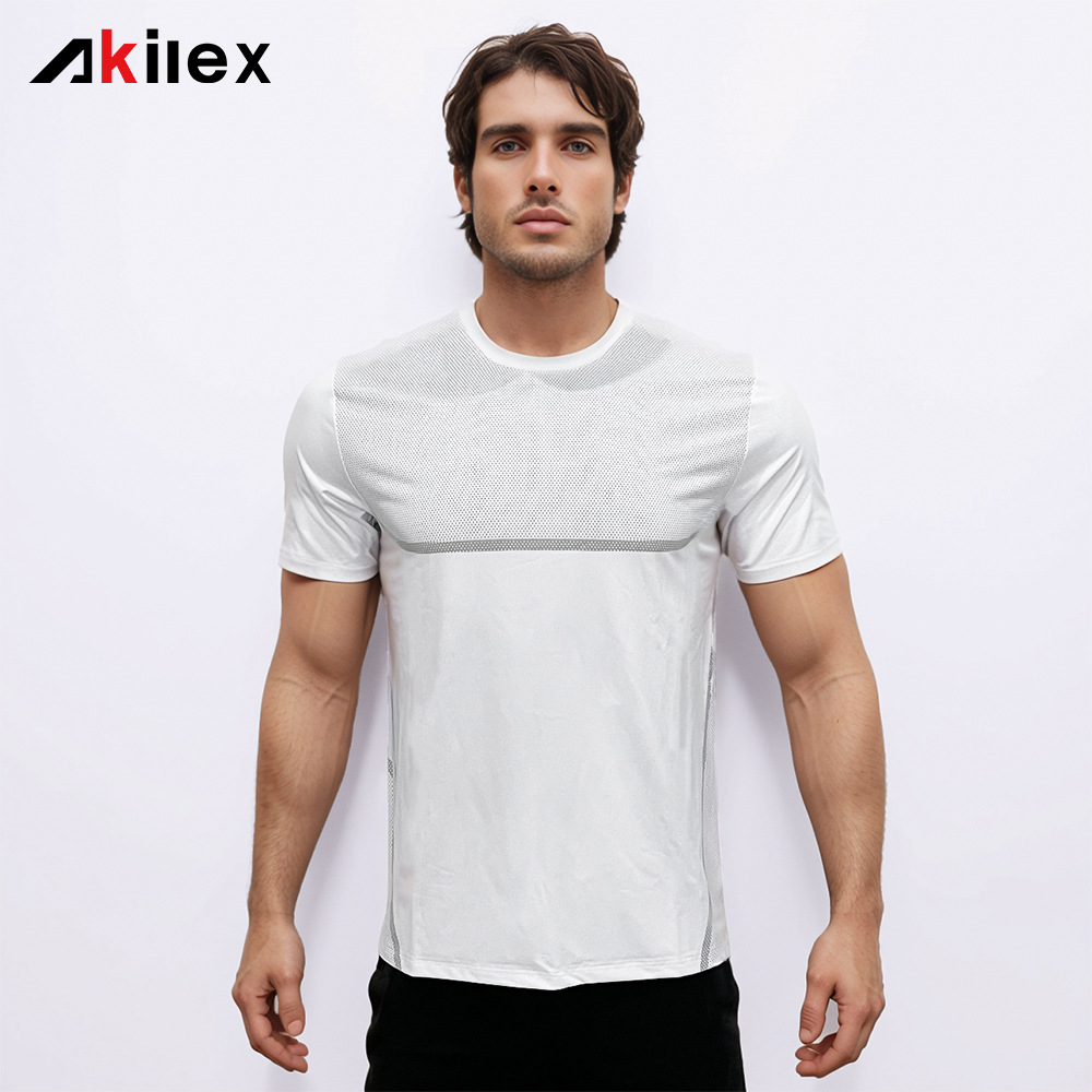 Akilex 통기성 스포츠 짧은 소매 남자 단색 여름 피트니스 달리기 티셔츠 탄성 야외 스포츠 최고 남자