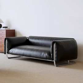 包豪斯复古风黑色不锈钢沙发中古风轻奢设计师款三人皮艺客厅沙发