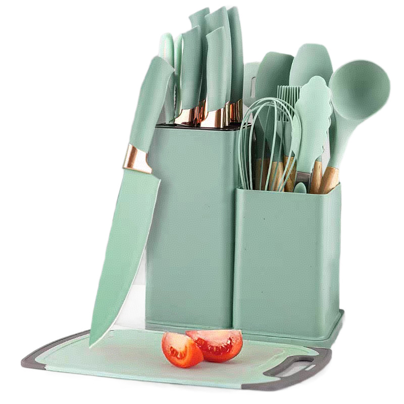 19 piezas de cocina antiadherente, mango de madera de grado alimenticio, cocina, herramientas de cocina, cuchillos, cocina, fábrica de cocina, en stock