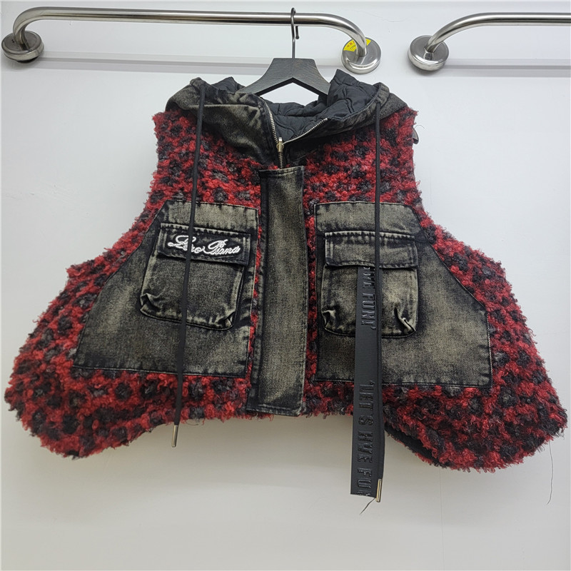 2025 otoño y invierno nueva ropa de mujer estampada de leopardo piel de empalme de bolsillo chaleco corto chaqueta de mujer blusa suelta