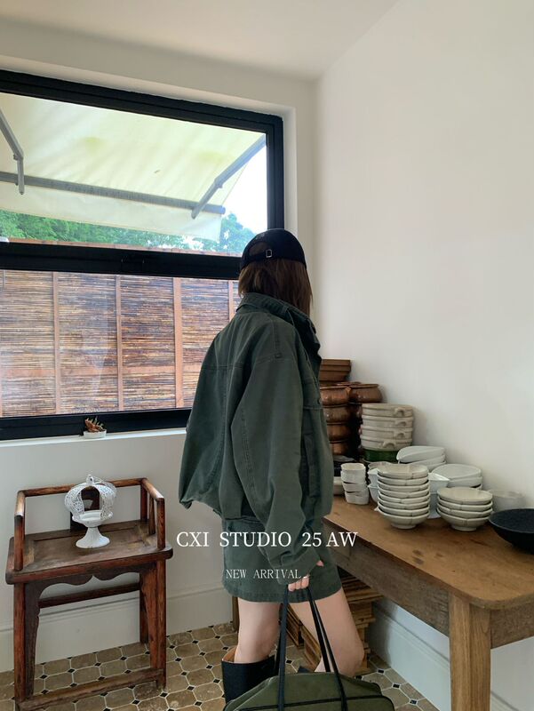 CXI 美式复古做旧褶皱工装外套夹克女秋季休闲半裙套装机车夹克装|undefined
