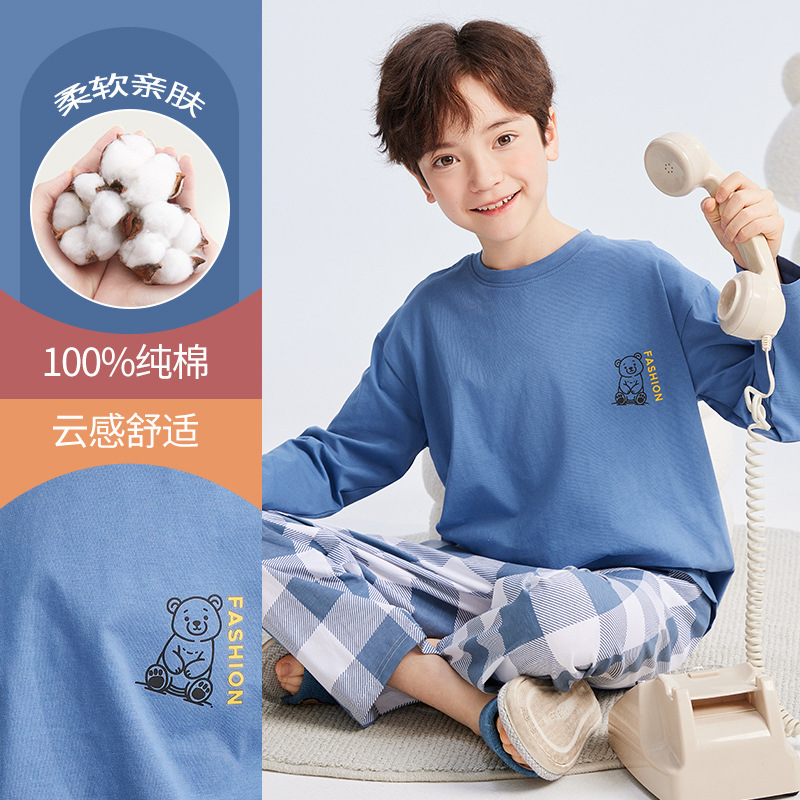 Conjunto de pijamas infantis de algodão puro grau A para maternidade e bebês, roupas de casa para primavera e outono 2025, estilo coreano, conjunto de pijamas de duas peças para meninos.