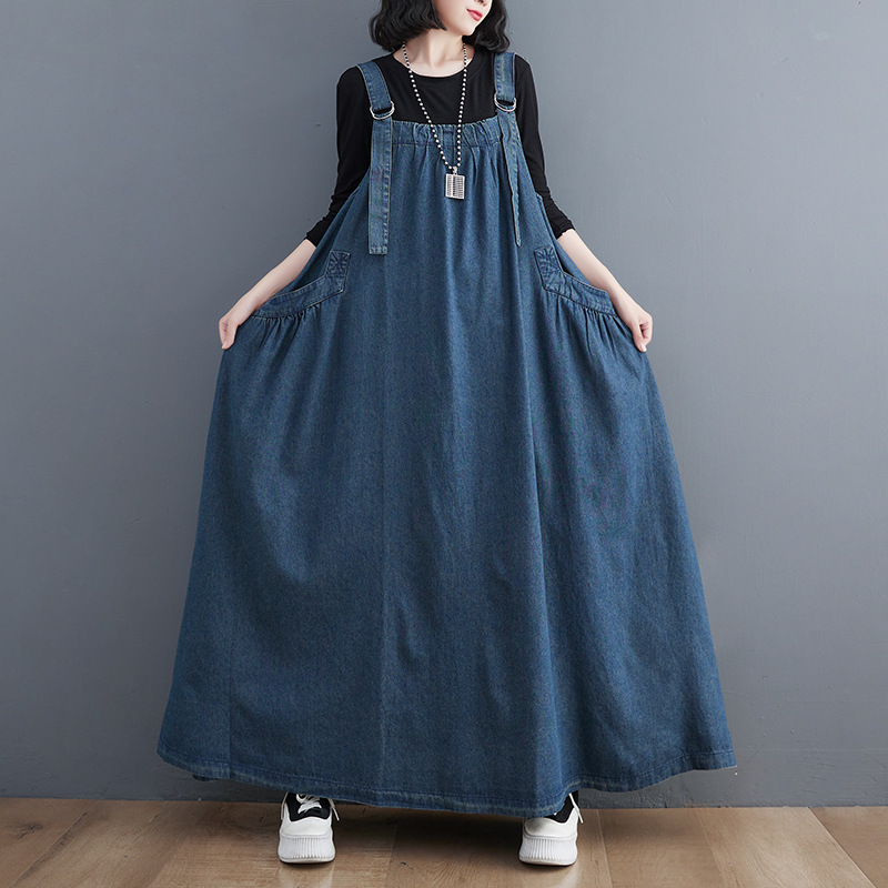 2024 primavera/verano otoño vestido largo retro suelta adelgazamiento Denim suspender vestido largo vestido grande SWING