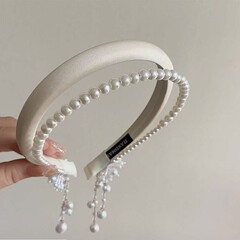 2025年 ダブルパールフリンジ付きハイヘアバンド 女性用 小顔効果 エレガント サテンヘアバンド ヘアアクセサリー 小顔効果ヘアバンド