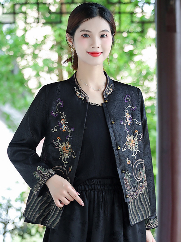 新款复古立领单排扣长袖外套民族风重工刺绣中式国风外套女上衣|undefined