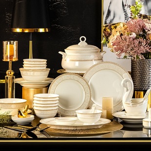 European Light Luxury Style Tableware and Dish Set, Home Gift, High-End Bone China Bowl, Chopsticks and Plate Combination, Complete Set Wholesale