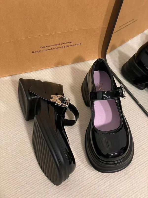 黑色甜酷玛丽珍鞋女新款厚底增高学院复古金属扣小皮鞋配裙子|undefined