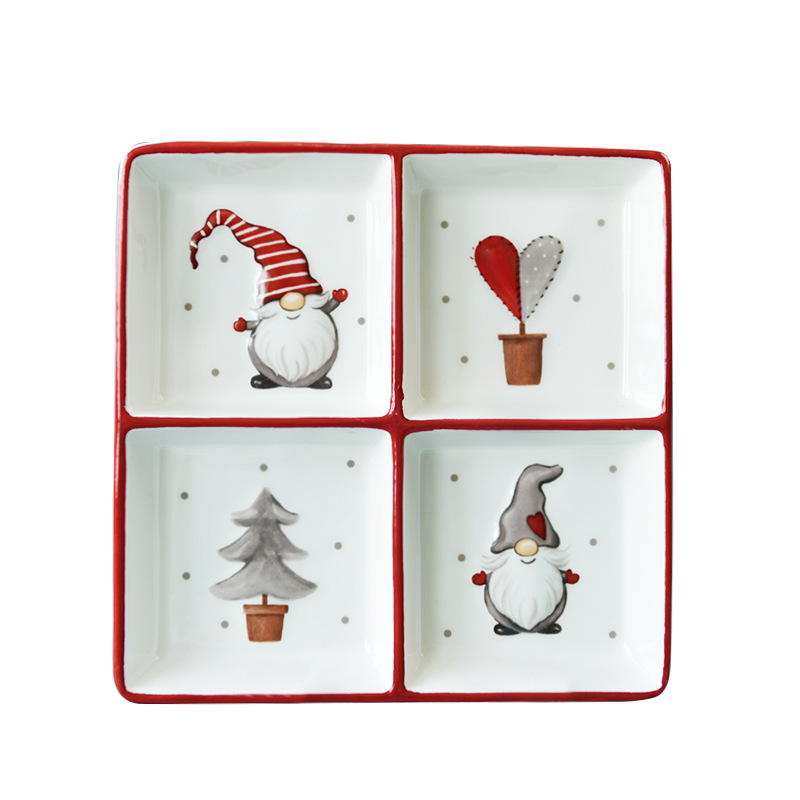 País nórdico Navidad muñeco de nieve placa de cerámica vajilla para el hogar Placa de cuatro rejillas en relieve de estilo occidental Placa de rejilla plato de aperitivos
