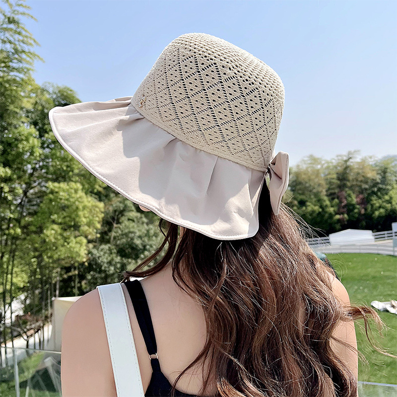 Fashion Sun Protection Block Uv Knit Breathable Vinyl Wide Brim Big Bow Hat display picture 6