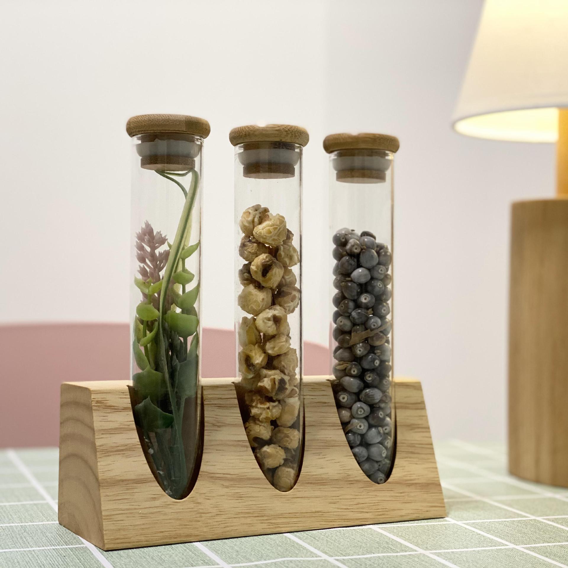 Tubo de ensayo de vidrio de borosilicato estante de exhibición de madera maciza muestra té granos de café cocina clasificación de almacenamiento tanque de almacenamiento