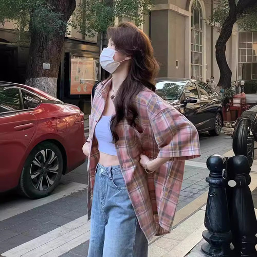 Vintage American Check Shirt for Men and Women, Short-Sleeve Summer Thin Version, Neutral Style Loose Unisex High-End Shirt Option