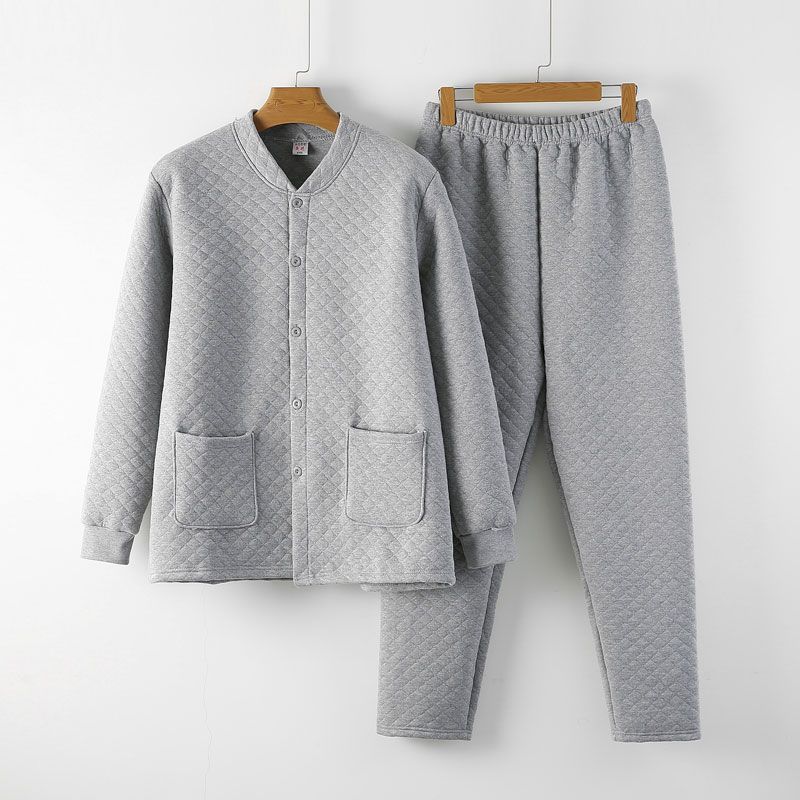 남성용 누빔 홈복, 면 중간두께 보온내의, 버튼다운 상의, 중장년층을 위한 하이웨이스트 루즈한 면팬츠