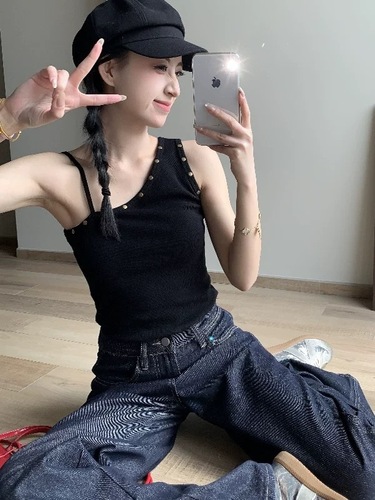 260g Cotton Modal Blouse - Asymmetrical Off-the-Shoulder Bodice with Irregular Straps - Women's Sleeveless Top - Black and White