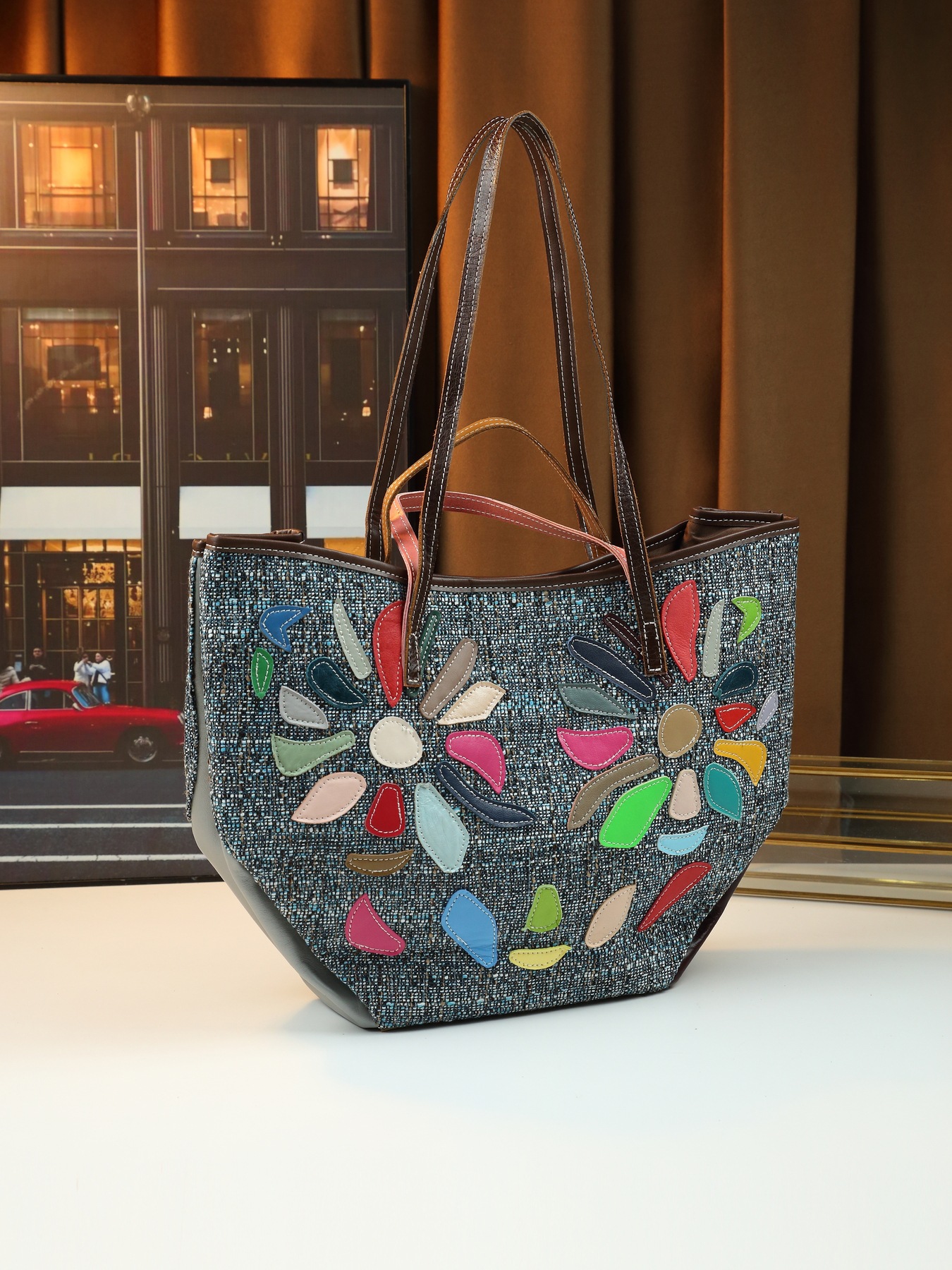 Women Genuine Leather Shoulder Bag Patchwork Irregular Graphic_voghion.com