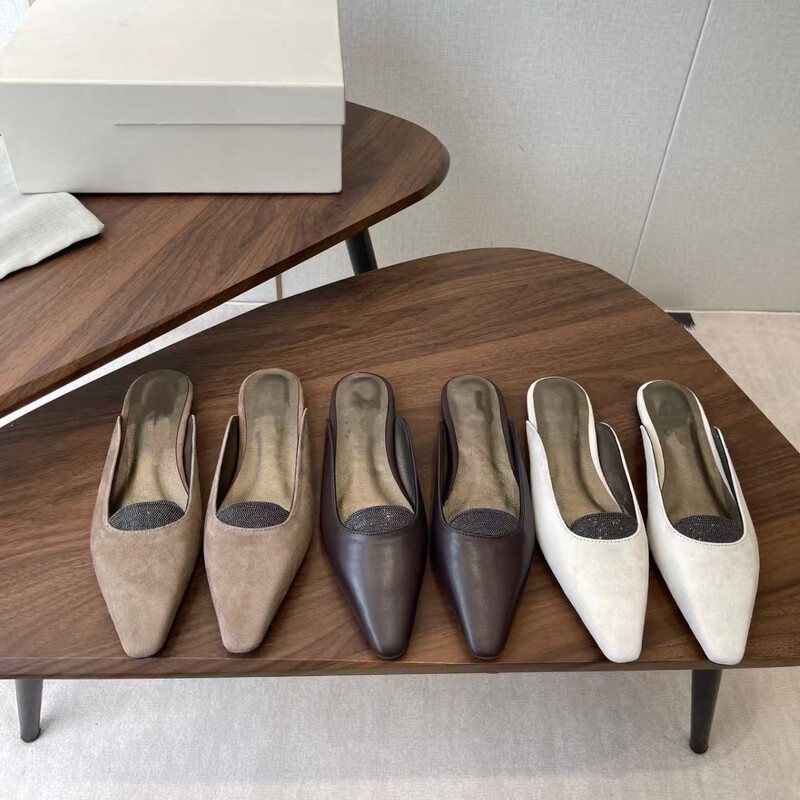 Bru**Cuci** Spring/Summer Flat Square-Toe Mules New Suede Pointed-Toe Retro Beaded Chain Flats