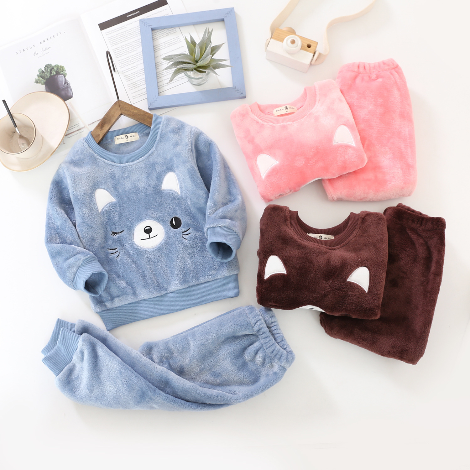 Demi-season children's flannel warm set for men and women
