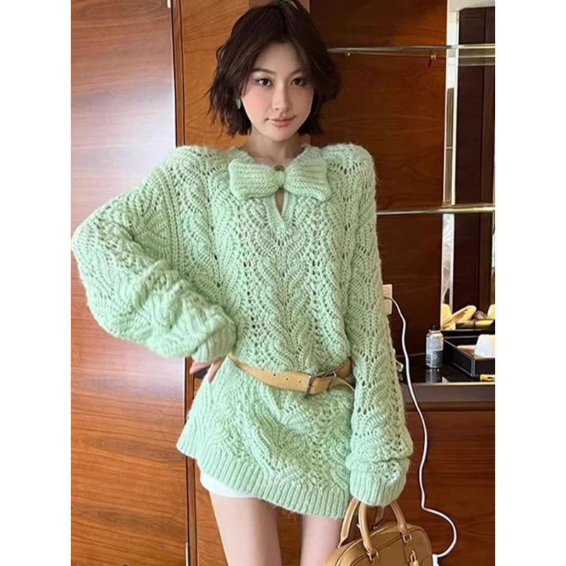绿色蝴蝶结镂空粗线套头毛衣女秋季2025新款宽松慵懒风软糯针织衫|undefined