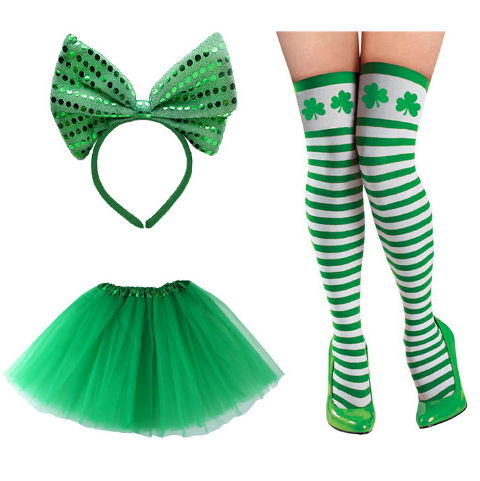 Traje de festival de St Patrick Irish Clover cabeza hebilla Cadena de cuentas calcetines traje de fiesta de falda de gasa de tres capas