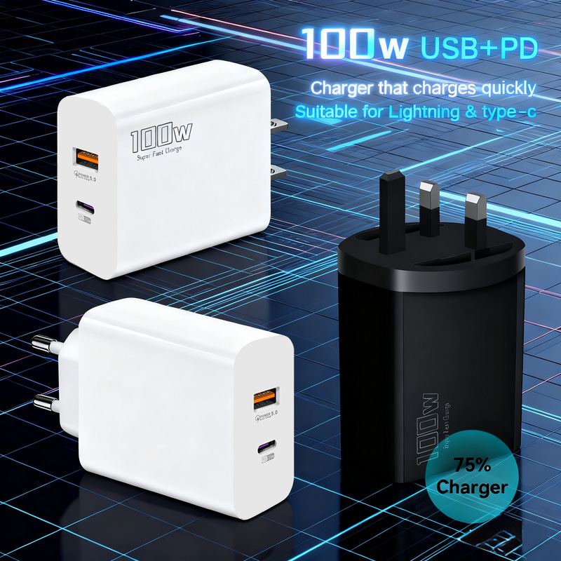 The new 100W charging head is suitable for Apple Samsung mobile phone multi-port super fast charging head European and American British PD adapter