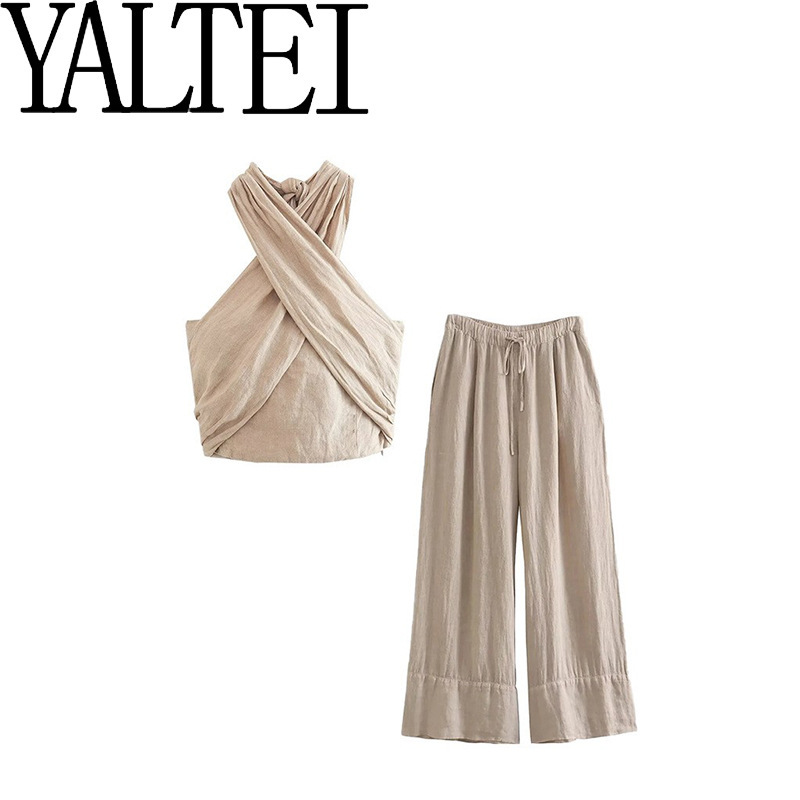 ZAR Hanging Collar Linen Top Wide Leg Pants Women's PROVENCE Homemade European and American Style French Casual suit 4043