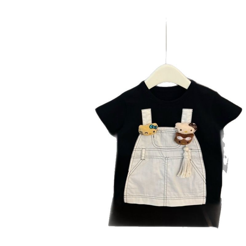 [Xianning Seven baby] 2025 verano niña falda de tirantes de dibujos animados falsa de dos piezas vestido de estilo occidental a juego falda linda