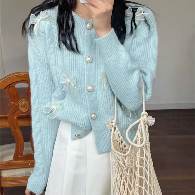 Korean Style Pearl Buckle Lace Bow Twist Knitted Jacket Autumn and Winter New Sweet Style Soft Waxy Sweater Women's Cardigan