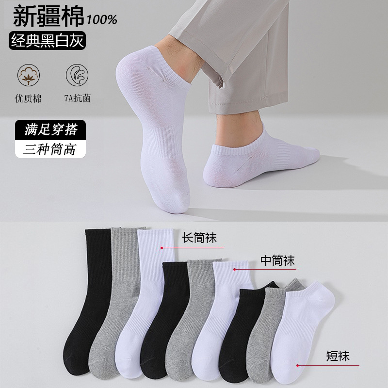 袜子纯棉男士春夏短袜新疆棉秋季中筒袜吸汗透气抗菌全棉女袜批发