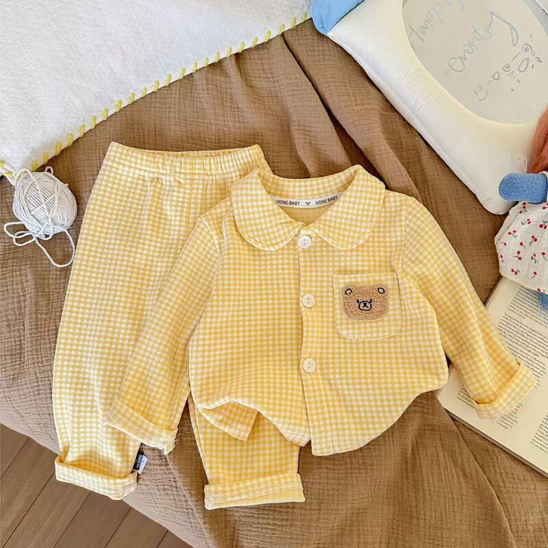 儿童家居服睡衣套装新款德绒长袖卡通格子睡衣男女宝宝翻领春秋装|undefined