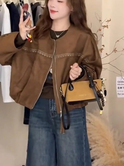 美式复古麂皮绒外套女秋季新款宽松小个子高级感短款夹克上衣潮|undefined
