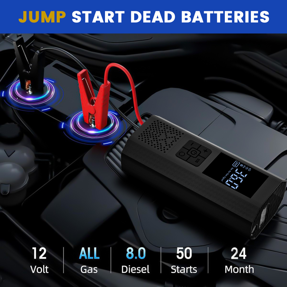 Black portable car air pump with digital display, preset tire pressure inflator, outdoor rescue emergency jump starter inflator