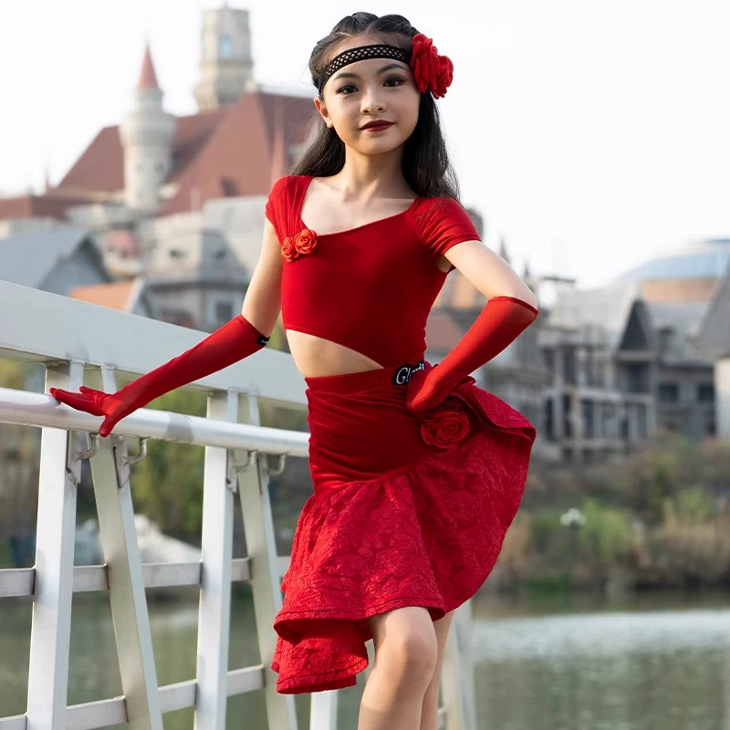 Новая одежда для выступлений в латиноамериканских танцах для девочек, одежда для художественного экзамена с короткими рукавами, костюм с большой распашной юбкой, одежда для выступлений интернет-знаменитостей, другие.