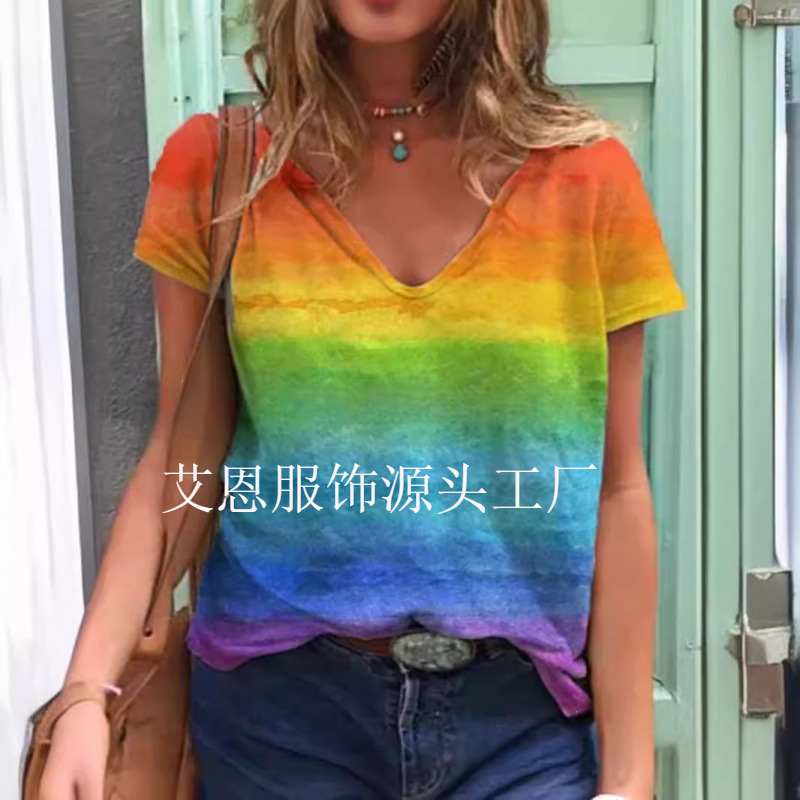 外贸跨境独立站欧美夏季休闲领彩虹印花短袖女装恤上衣