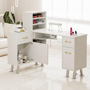L-Shaped Nail Tables Manicure Desk with Shelf, Storage Cabinet, Drawer, Metal Handle and Legs (White)
