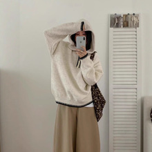 半拉链连帽毛衣女秋冬外穿宽松慵懒高级感套头针织衫内搭帽衫上衣