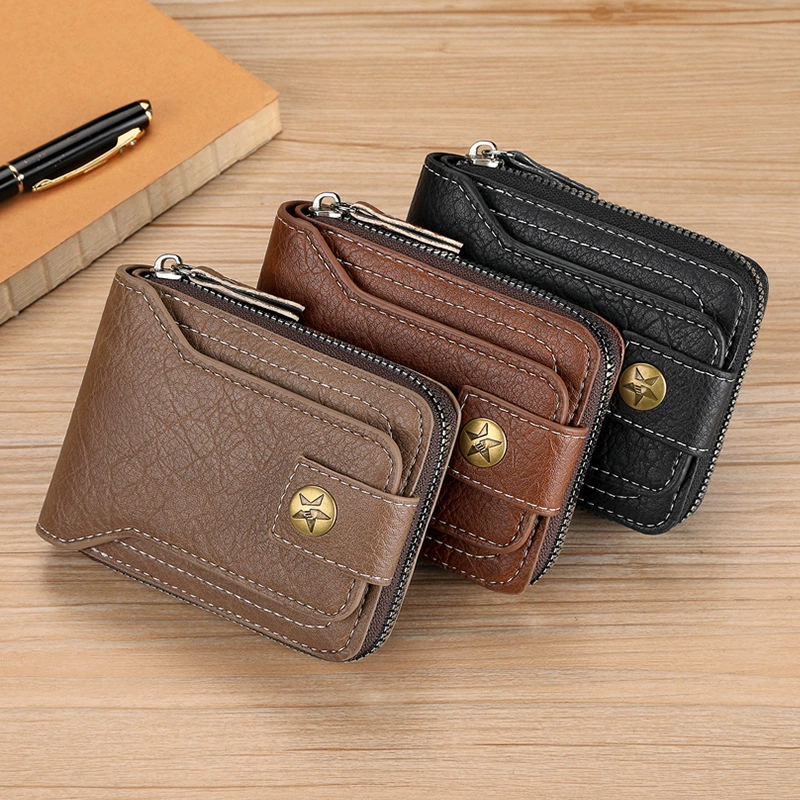 Short retro fashionable wallet with zipper, capacious card holder