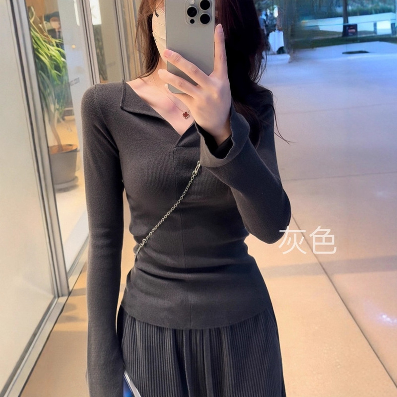 Solid Color V-Neck Long-Sleeved Knitwear for Women Spring New Slim Fit Inner Base Knitwear Elegant Versatile Top Solid Color V-Neck Long-Sleeved Knitwear for Women Spring New Slim Fit Inner Base Knitwear Elegant Versatile Top
