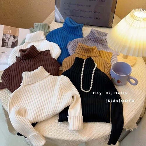 Lemily Children's High Neck Sweater Autumn and Winter New Style Ribbed Pure Color Men and Women Baby Slim Knitted Underwear Warm Sweater