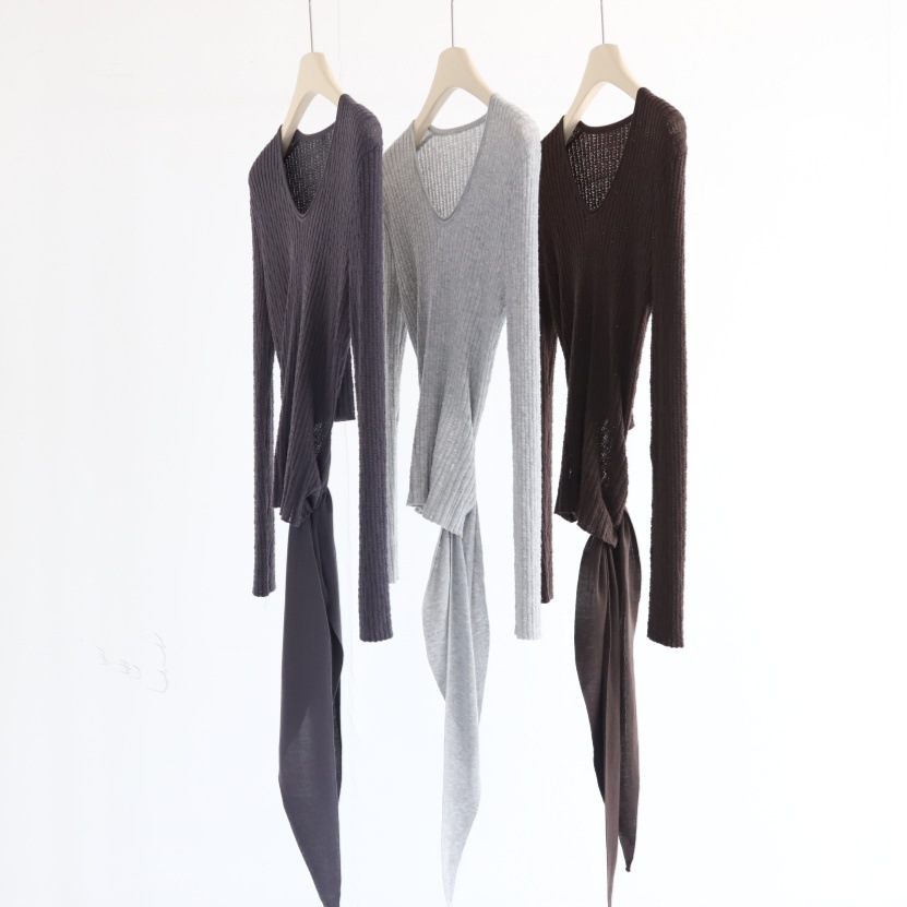 莱赛尔天丝坑条镂空短款露腰系带长袖u领标针织衫女秋季打底衫上