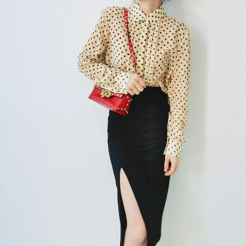 Special Offer: Slightly Sheer French Retro Pleated Polka Dot Print Doll Collar Silk Shirt for Women, Made of Mulberry Silk