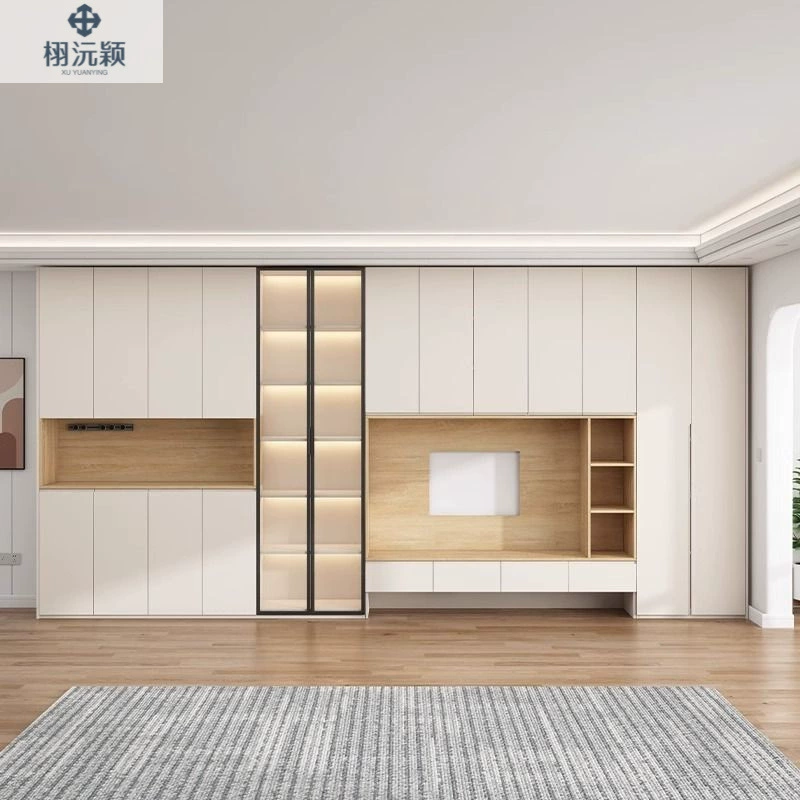 Тумба под телевизор в кремовом стиле, простая современная, для гостиной, встроенная в стену, с полками для хранения, для маленькой квартиры.