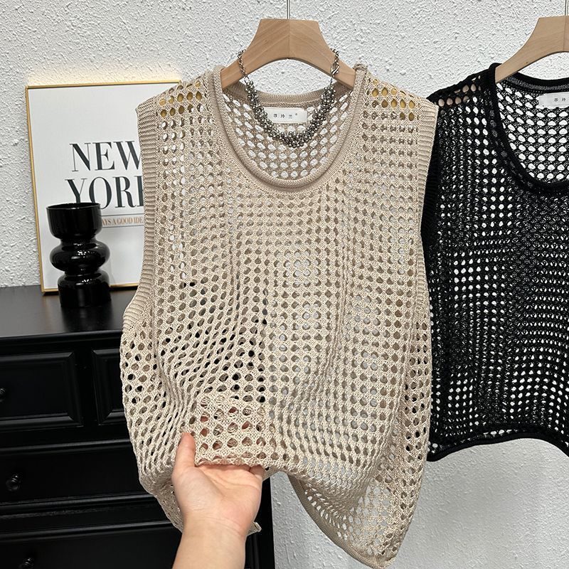 Hollow-out Knitted Vest Women's Outer Wear Summer Thin All-match Loose Round Neck Stacked Vest Sleeveless Spice Top for Women