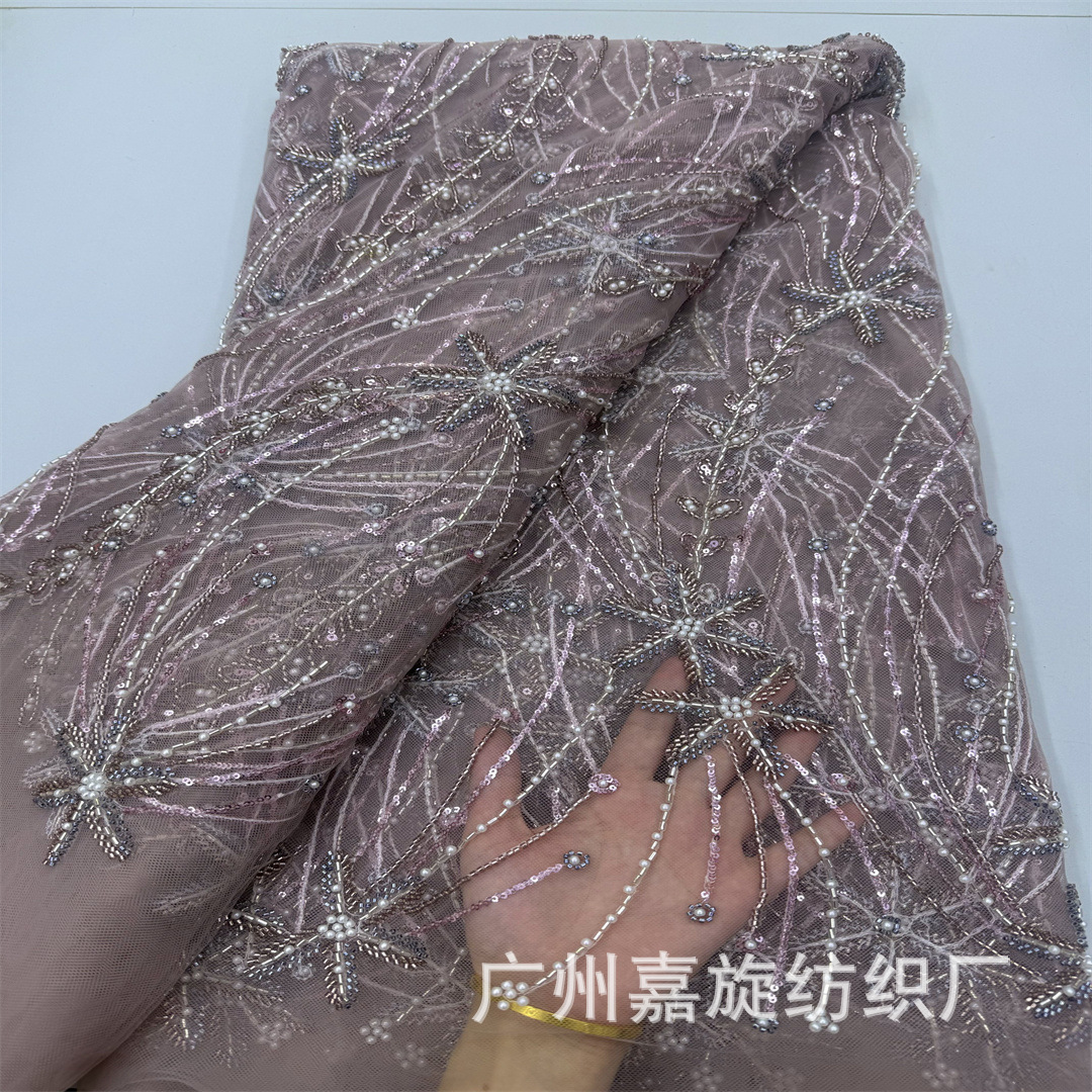 Tejido de malla de perlas de trabajo pesado pequeño diseño fresco de perlas de tubo bordado tela vestido de boda vestido de desfile