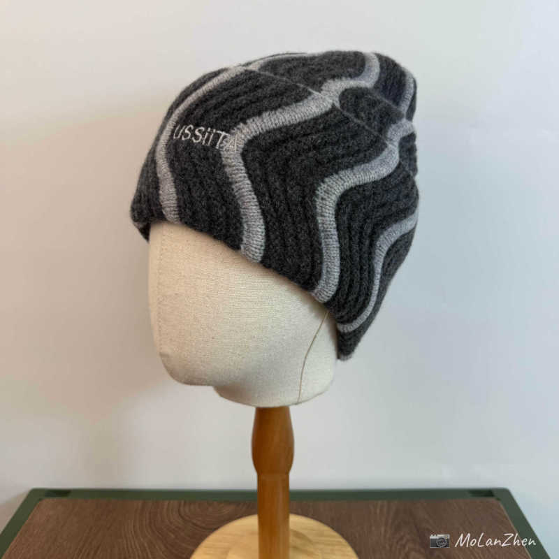 「100%WOOL」波浪纹宽松版型毛线帽男女秋冬复古保暖帽羊毛针织帽|undefined