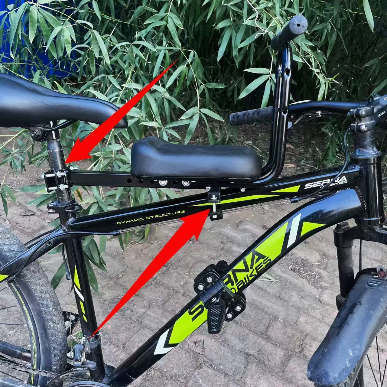 Children's mountain bike accessory — additional child seat with armrest, folding pedals, handrail options