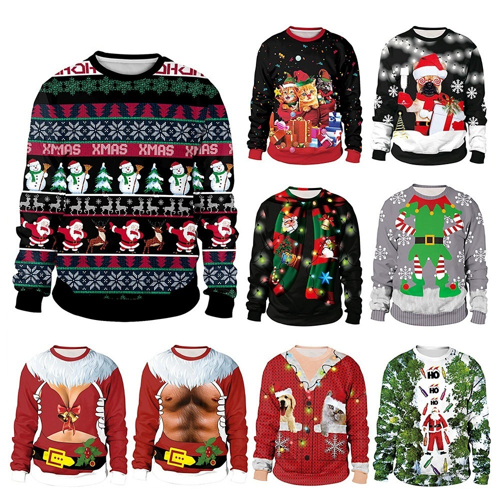 Autumn and winter bestsellers: new European and American styles, popular Christmas and holiday party 3D digital print crew-neck long-sleeve couple sweatshirts