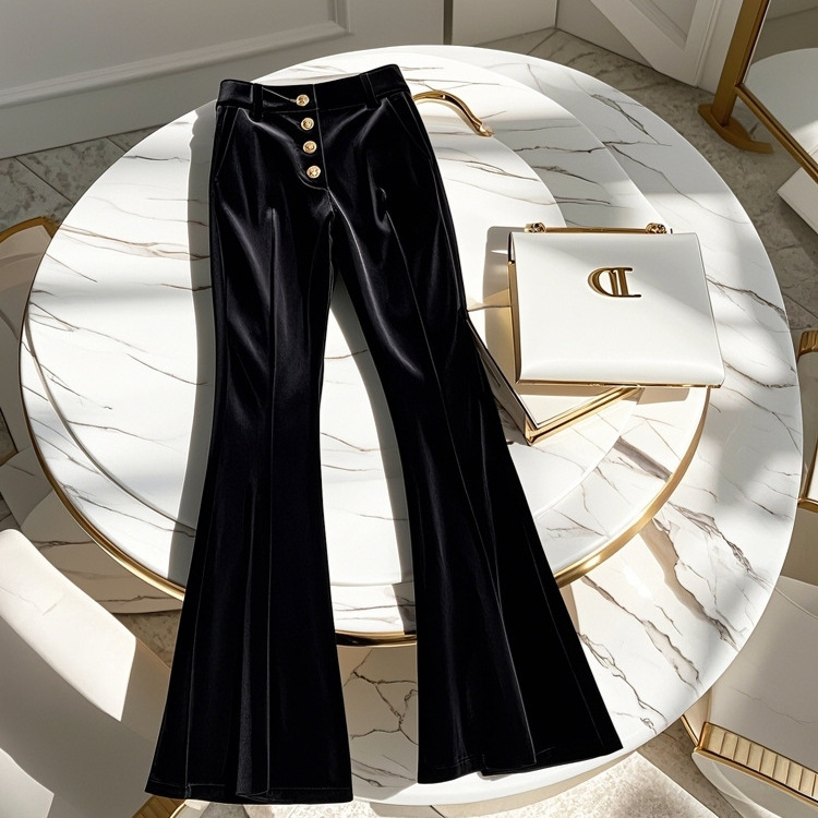 2026 Spring and Autumn Hot Trend: This Year's Popular Black Velvet Flared Pants, High-Waisted Slimming Straight-Leg Casual Long Pants for Women