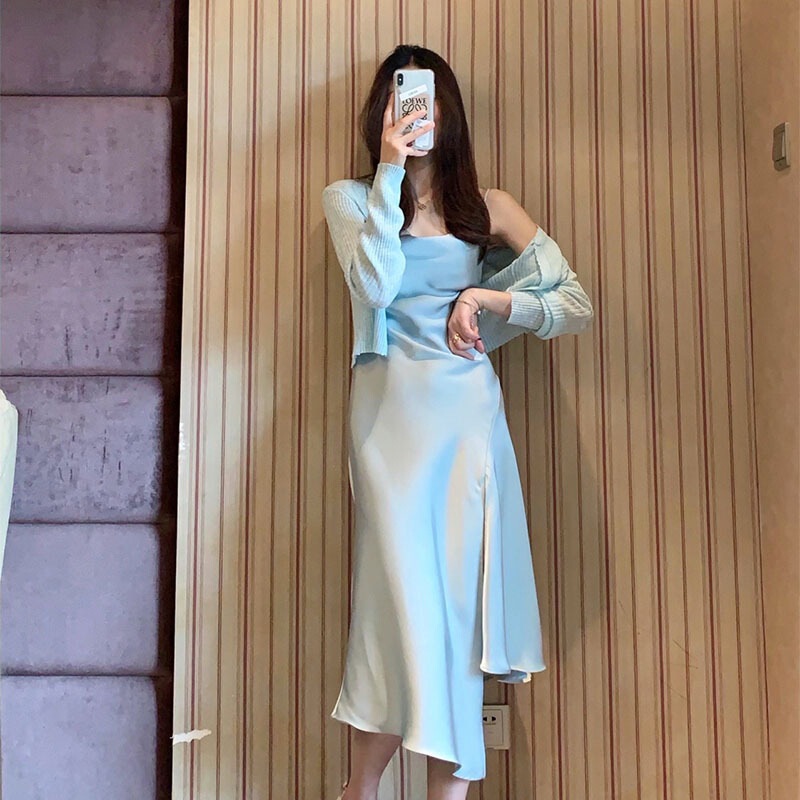 4722# Chanel style first love gentle retro split dress suit blue sling dress women's summer 4722# Chanel style first love gentle retro split dress suit blue sling dress women's summer